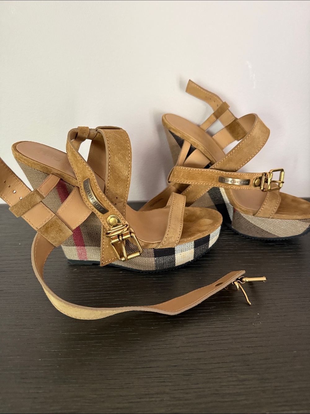 Burberry Tan Suede Wedge Sandals with Signature Check Platform